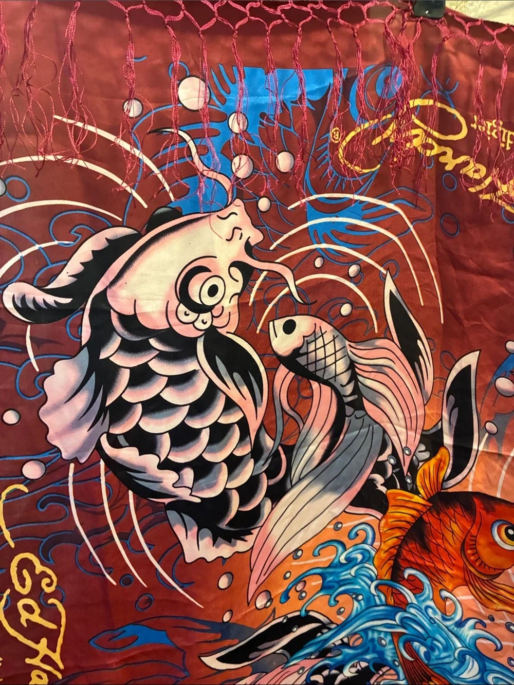 Ed Hardy by Christian Audigier 100% silk scarf features w/ koi fish artwork